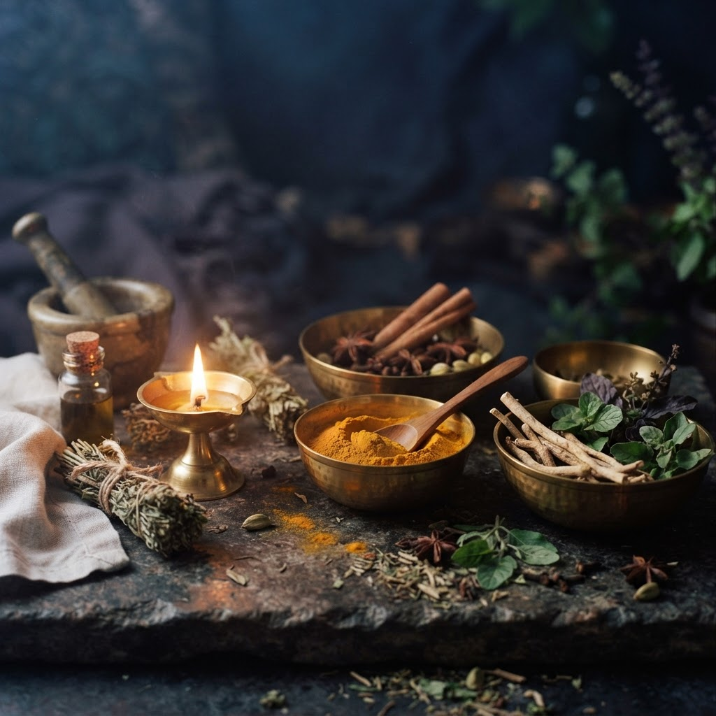 Ayurvedic herbs, spices, and a warm oil lamp arranged on dark stone
